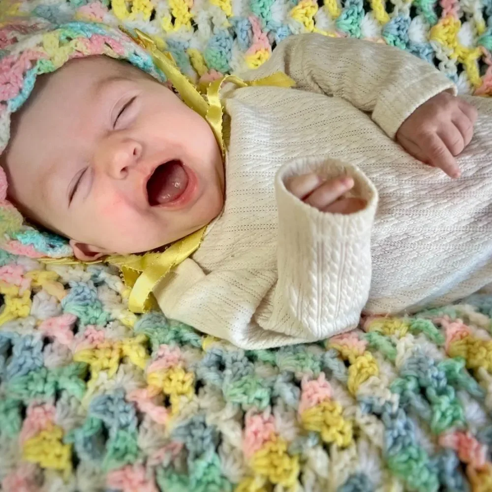Vintage Handmade 1960s 1970s Rainbow Pastel Crochet Knit Baby Blanket & Bonnet